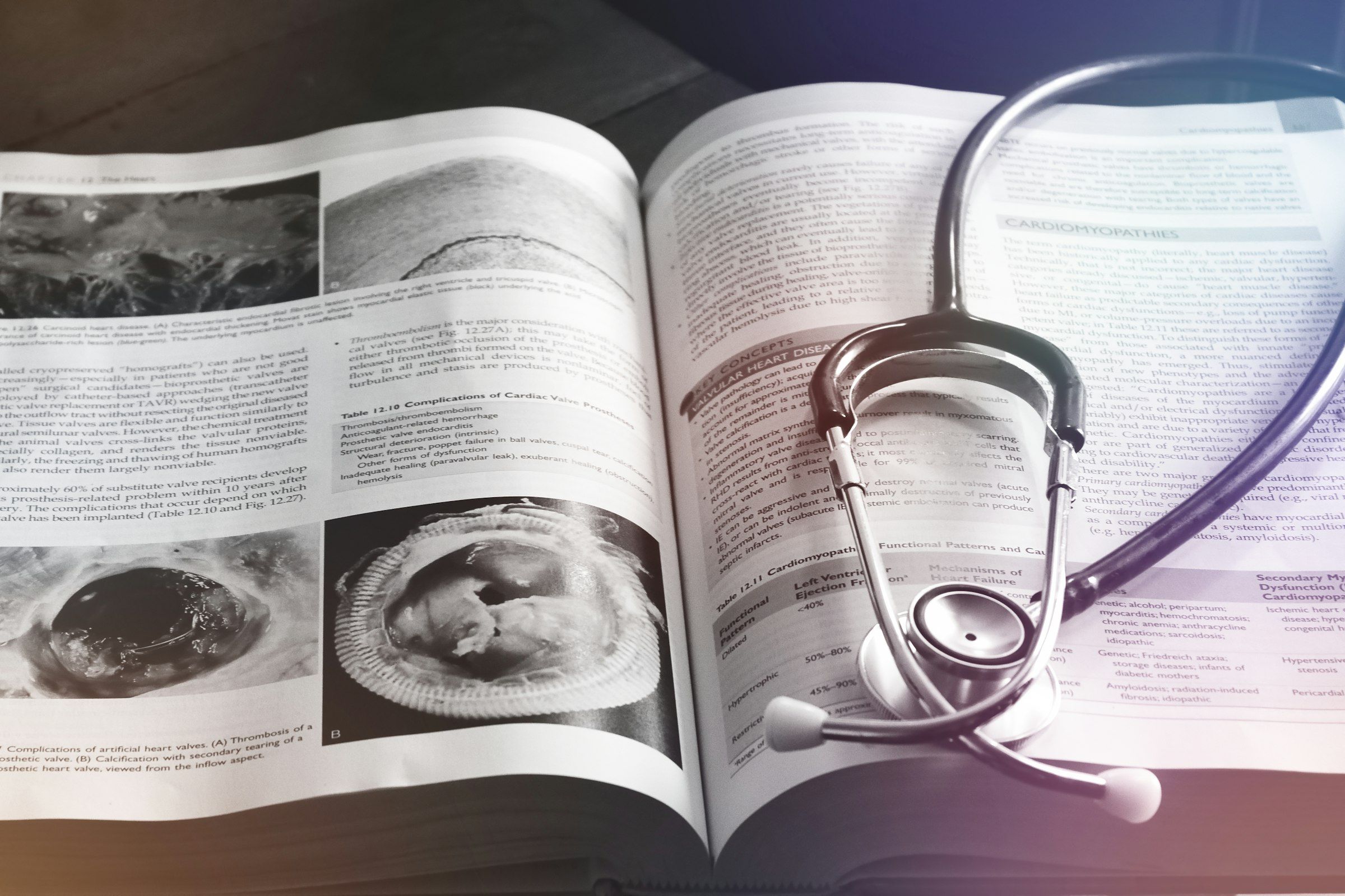Stethoscope resting on an open book